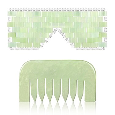 Jade Eye Mask and Jade Comb Set Includes Weighted Eye Mask to Eliminate Wrinkles Puffiness Headache and Migraine Relief Handheld Natural Jade Massage Comb for Head Caring Therapy