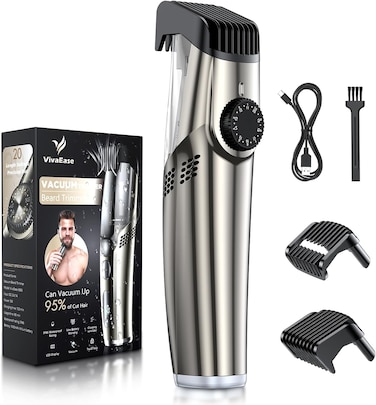 Vacuum Beard Trimmer for Men, Upgrade Adjustable Length with 2 Comb, Electric Vacuum Trimmer for Beard, Mustache and Stubble, Waterproof and Rinses Easy, High Precision Blades for Skin fit