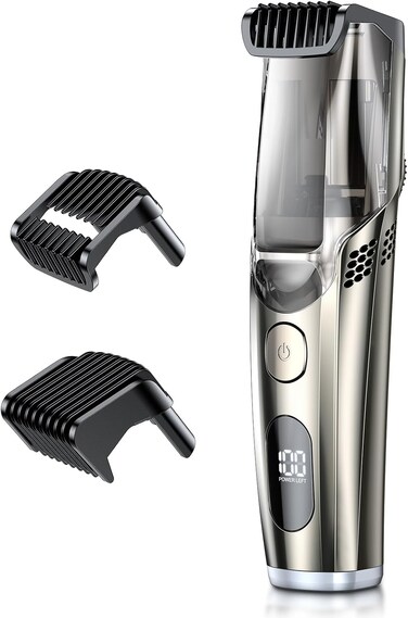 Vacuum Beard Trimmer for Men, Upgrade Adjustable Length with 2 Comb, Electric Vacuum Trimmer for Beard, Mustache and Stubble, Waterproof and Rinses Easy, High Precision Blades for Skin fit