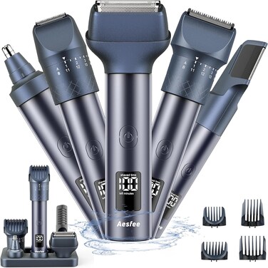 Aesfee Beard Trimmer Kit for Men 5-in-1 Electric Foil Shavers Adjustable Hair Clippers Haircuts Set Waterproof Wet and Dry - Comfort Body Nose Ear Hair Trimmer Razors USB-C Charge Dock