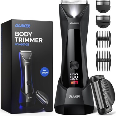 GLAKER Ball Trimmer Men, 2-in-1 Body Shaver Pubic Hair Trimmer for Men Manscape Groin Trimmer Body Hair Trimmer Ball Shaver Body Groomer Dual-Head Ceramic Trimmer &amp; Foil Blades IPX7 Waterproof (Black)