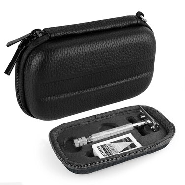 Linkidea Hard Travel Case Compatible with Vikings, Merkur, Shaving Revolution Double Edge Safety Razor, Storage Box Organizer for Safety Razor &amp; Shaving Attachments (Lychee Vegan Leather)