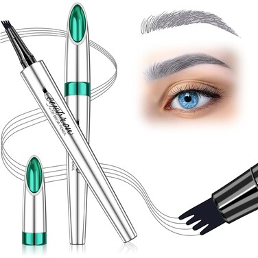 Microblade Eyebrow Pen, Grey Eyebrow Pencil for Older Women Soft Waterproof Brow 4 Fork Tip Pencil, Hair Like Liquid Eyebrow Pen, Grey