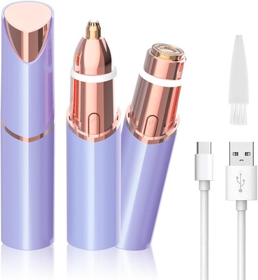 Facial Hair Removal Eyebrow Trimmer 2 in 1 - Facial Hair Remover for Women - Rechargeable Travel Facial Hair Razor Lady Bikini Shaver for Face Lips Peach Fuzz Eye Brow Nose Hair Chin Armpit (Blue)