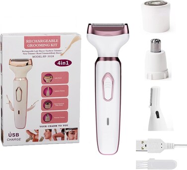 Electric Bikini Shaver for Women 4 in 1 Trimmer, Pubic &amp; Body &amp; Facial Hair Remover, Painless &amp; Safety for Body Meridian Underarm Nose Legs Hair Removal Razors, USB Rechargeable &amp; Waterproof
