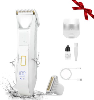 2-in-1 Electric Bikini Trimmer for Women, Dual Head Shaver for Body &amp; Pubic Hair, Painless Smooth, No-Nick Shaving, IPX7 Waterproof, Lightweight with Travel Lock, LED Display