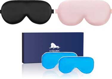ALASKA BEAR Cooling Gel Eye Mask Weighted Silk Sleep Mask &amp; Cotton Eyeshades Cold &amp; Hot Compress for Pain Relief, 180g Heavy, 2 Set(Black &amp; Pink)