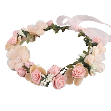 Rose Flower Wreath for Women, Bridal Floral Headband Hair Wreath Crown, Flower Headpiece with Ribbon Wedding Party Festival Photos Door Outside Wall Window D&eacute;cor, Pink