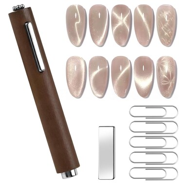 3 In 1 Cat Eye Nail Magnet Multifunctional Cat Eye Gel Polish Nail Tool with Extra 1pcs Square Magnet 5pcs Paper Clips Cigar Shape Wooden Handle Cylindrical Powerful Suction for Home Diy Salon