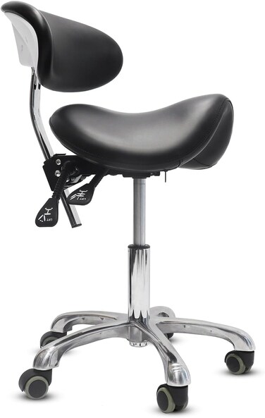 Ergonomic Adjustable Saddle Stool with Back Support, Swivel Rolling Base, Black