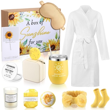 Nuogo 13 Pcs Valentine&lsquo;s Day Spa Gifts for Girlfriend Birthday Gift Spa Gift Basket Set Gift Basket for Women Mirrors Socks Steamers Jewelry Case Bath Robe for Mom Girlfriend Wife(Yellow)