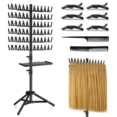 Braiding Rack with Tray, 144 Pegs Height Adjustable, 2-side Hair Extension Holder, Hair Stand with Stylist Tools for Salon/Home/Travel (Black)