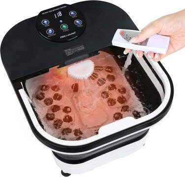 H&amp;B Luxuries Collapsible Foot Spa Massager with Heat, 6 Rollers, Bubble &amp; Shower, LED Display &amp; Remote Control, Electric Foot Bath for Stress Relief, Black