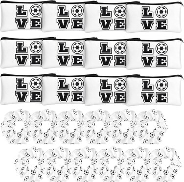 Sweetude 24 Pcs Soccer Gifts 12 Makeup Bag 12 Satin Scrunchies for Girls Portable Cosmetic Travel Bag Elastic Hair Ties Soccer Favors for Women Girls Team Players(White)