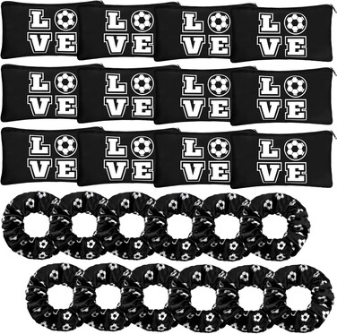Sweetude 24 Pcs Soccer Gifts 12 Makeup Bag 12 Satin Scrunchies for Girls Portable Cosmetic Travel Bag Elastic Hair Ties Soccer Favors for Women Girls Team Players(Black)