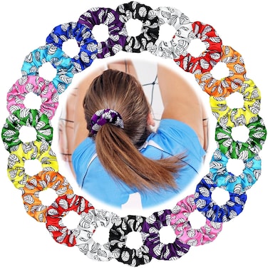 20 Pieces Silk Satin Scrunchies Hair Bands Ponytail Holders - Elastic Hair Ties with Volleyball Pattern, 10 Colors for Girls, Women &amp; Sports Teams