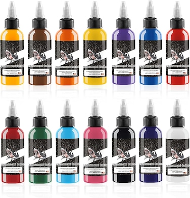 Tattoo Ink - Tattoo Ink Set - Micro Knife Paint and UV Tattoo Ink -Tattoo Supplies - for Professional Body Tattooing and Art Painting（14 Colors 1 oz/Bottle）