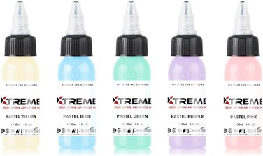 XTREME Ink Pastel Set: Elevate Tattoo Artistry with Serene Hues - Includes Pastel Pink, Yellow, Blue, Green, and Purple Inks (Set of 5, 1 oz)