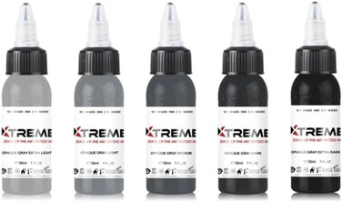 Xtreme Ink Opaque Gray Set: Elevate Tattoo Artistry with 5 Shades, Extra Light, Light, Medium, Dark, and Extra Dark, Acrylic-Free, Water-Based, Premium Inks for Grayscale Perfection (Set of 5, 1 oz)