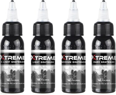 Xtreme Ink Greywash Set, Unleash Artistry with Subtle Shades, Extra Light, Light, Medium, and Dark Graywash, Ethical, Sterilized, and Ready-to-Use Tattoo Pigment Dispersion (Set of 4, 1 oz)