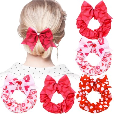 6 Pcs Valentine&lsquo;s Day Bow Hair Scrunchies Pink Red Heart Design Hair Ties Scrunchy Elastics Bands Bulk Romantic Heart Valentines Hair Accessories for Women Girls Galentines Day Gifts