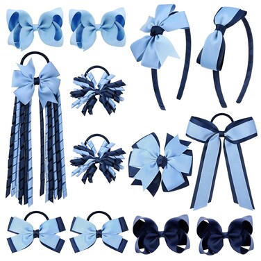 DEEKA Light Blue &amp; Navy School Hair Accessories Set 13 Pcs Uniform Hair Bow Headband Clips Hair Ties Curly Korker Bows for Little Toddler School Girls (Light Blue&amp;Navy)