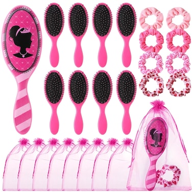 Hotop 24 Pcs Hot Pink Girl Princess Party Favors for 8 Girls, Girl Party Supplies Include 9 Inch Hair Brush for Girls Detangling Brush Scrunchies Organza Bag for Makeup Kit Hair Accessories
