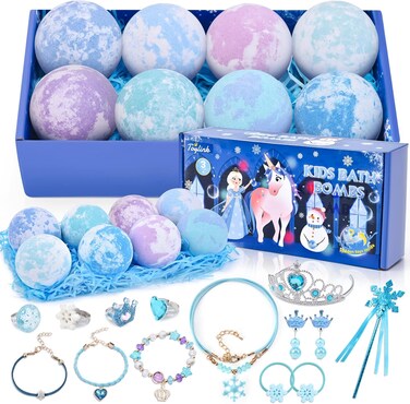 Kids Bath Bombs for Girls with Surprise Frozen Toys Inside, 8 Pack Natural Bath Bombs Handmade Spa Bath Fizzies with Jewelry Set Birthday Christmas Gift