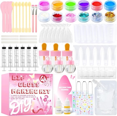 WhizToys DIY Lip Gloss Making Kit 74 PCS, Pink Kids Lip Gloss Supplies Set Beginner, Fun Craft Set Moisturizing Base, Birthday Gift Set for Girls, Kids, Teenagers, Women