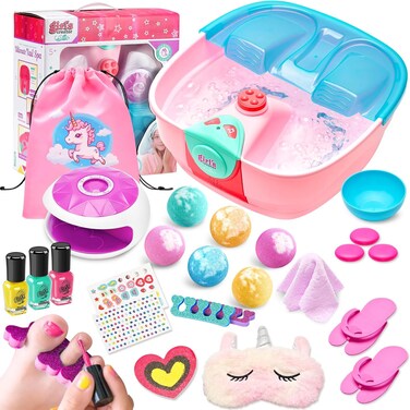 Kids Spa Day Kit for Girls,Girls Foot Spa with Nail Dryer &amp; Bath Bombs,Kids Foot Spa with Music Foot Soak Tub &amp; Nail Polish Set for Girls,Girls Toys Gifts for 6-12,Christmas Birthday Gifts