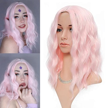 FAELBATY Light Pink Wigs For Women Curly Wavy Synthetic Women's Wig Pure Pastel Cosplay Wig for Girl Costume Halloween Wigs (14" Light Pink Wig)