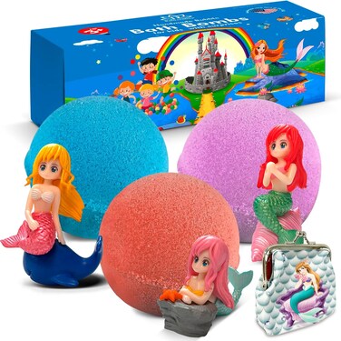 3 Bath Bombs for Kids with Mermaid Toys Inside + 1 Bonus Toy - Cool Surprise for Girls, Boys, Teens - Handmade in USA