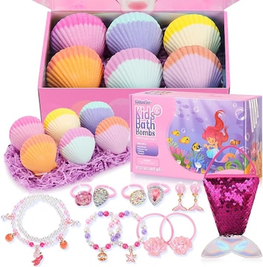 Bath Bombs for Kids with Surprise Inside, 6 PCS Oversized Handmade Mermaid Bath Bombs for Girls &amp; Toddlers Aged 3-12, Jewelry Toys Gift for Birthday, Christmas