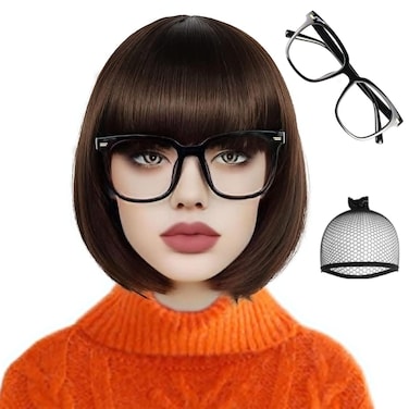 Ebingoo Velma Wig Brown Bob Wig +1 Black Glasses + 1 Wig Cap Short Bob Wig with Bangs for Women Halloween Cosplay Brown Straight Wig Synthetic Heat Resistant Wig for Women Girls Anime Party Daily Wear