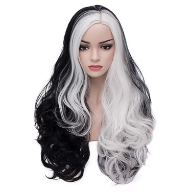 MAGQOO Black White Wig for Women Long Curly Wavy Black White Wig Halloween Cosplay Costume Party Wigs