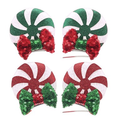 JIAHANG Christmas Mouse Ear Clips with Glittering Sequin Bow 2 Pairs, Lollipop Girls' Hair Barrettes Hair Accessories for Theme Party Festival Decoration (Christmas)