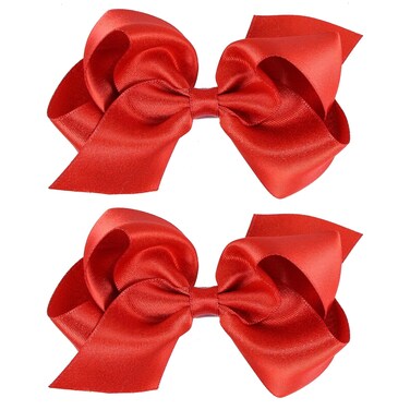4" Shiny Red Grosgrain Ribbon Hair Bow Alligator Clips Barrettes Solid Satin Hairpins Decor Accessories for Toddler Girls Kids Teens Valentines Xmas July 4th Gift in Pairs
