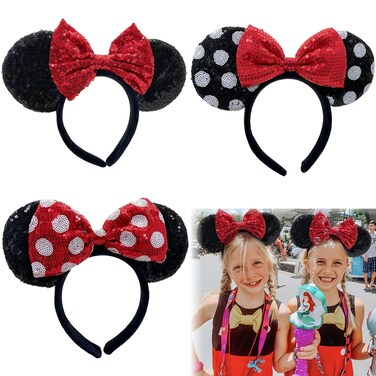 Mouse Ears Bow Headbands,3PCS Shiny Bow Valentine Ears Classic Hairbands,Red Sequin Red Dot Christmas Party Princess Cosplay Costume Hair Band Gift for Women Girls