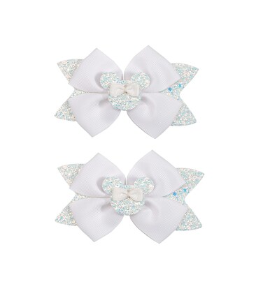 2 pcs 4.5"Mouse Ears Hair Bows Clips for Kids Baby Girls Women, Glitter Party Princess Decoration Cosplay Birthday Christmas Party.(FJ40) (White)