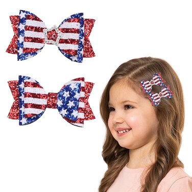 4th of July Bow Hair Clips for Toddler Baby Girls - 2Pcs Red White Blue Flag Hair Bow Alligator Clips Sequin Cheer Barrettes Patriotic USA Bow Hairgrips Women Hair Accessories for Independence Day