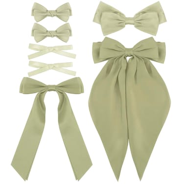 Ahoney 7 Pack Green Bows for Hair Bows Silky Satin Hair Bow Hair Clips Long Tail Multi Style French Hair Ribbon Coquette Bows Hair Barrettes for Women Girls