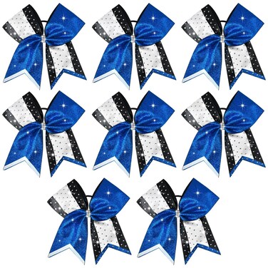 8 PCS Large Glitter Cheer Bows 8" Rhinestones Hair Bows Sparkly Cheerleading Softball Team Bow Hair Ponytail Holder Accessories for cheerleaders football Competition Sports- Blue White