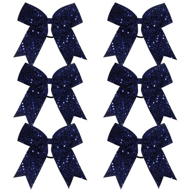 Cheer Bow Sequin 6 Inch 6 Pcs Bling Fling Cheerleader Cheerleading Jumbo Cheer Bow Hair Tie Hair Bow School (Navy blue)