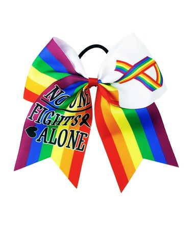 Cheer Hair Bows Breast Cancer Awareness Ribbon Bow Ponytail Holder Pink Out Bow BCA01 (Rainbow)
