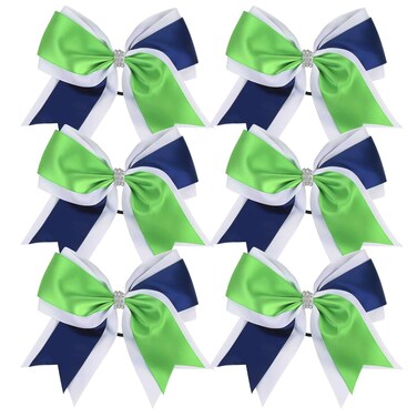 Cheerleader Bows 8 Inch 3 Colors 2 Layers 6 Pcs Jumbo Ponytail Holder Cheerleading Bows for High School College Hair Elastic Hair Tie (Green/Navy Blue)