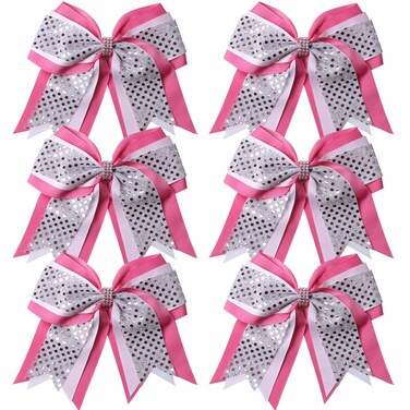 Cheerleader Bows 8 Inch 3 Layers 6 Pcs Ponytail Holder Jumbo Cheerleading Bows Hair Elastic Hair Tie for High School College (Pink/White/Silver)