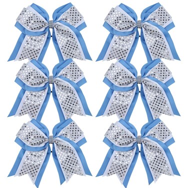 Cheerleader Bows 8 Inch 3 Layers 6 Pcs Ponytail Holder Jumbo Cheerleading Bows Hair Elastic Hair Tie for High School College (Light Blue/White/Silver)