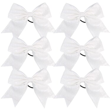 Metallic Sequin and Holographic 8 Inch Jumbo Hair Bow Tie for Cheerleaders and School (White Sequin)