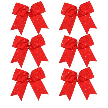 8 Inch Jumbo Cheerleader Bows with Bling Fling Rhinestones Ponytail Holder Cheerleading Bows Hair Tie 6 Pcs College (Red)