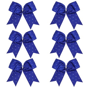 8 Inch Jumbo Cheerleader Bows with Bling Fling Rhinestones Ponytail Holder Cheerleading Bows Hair Tie 6 Pcs College (Royal Blue)